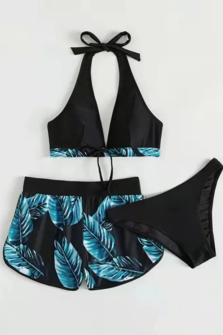 Women's Leaf Print 3-Piece Bikini Set - Versatile Beach Look