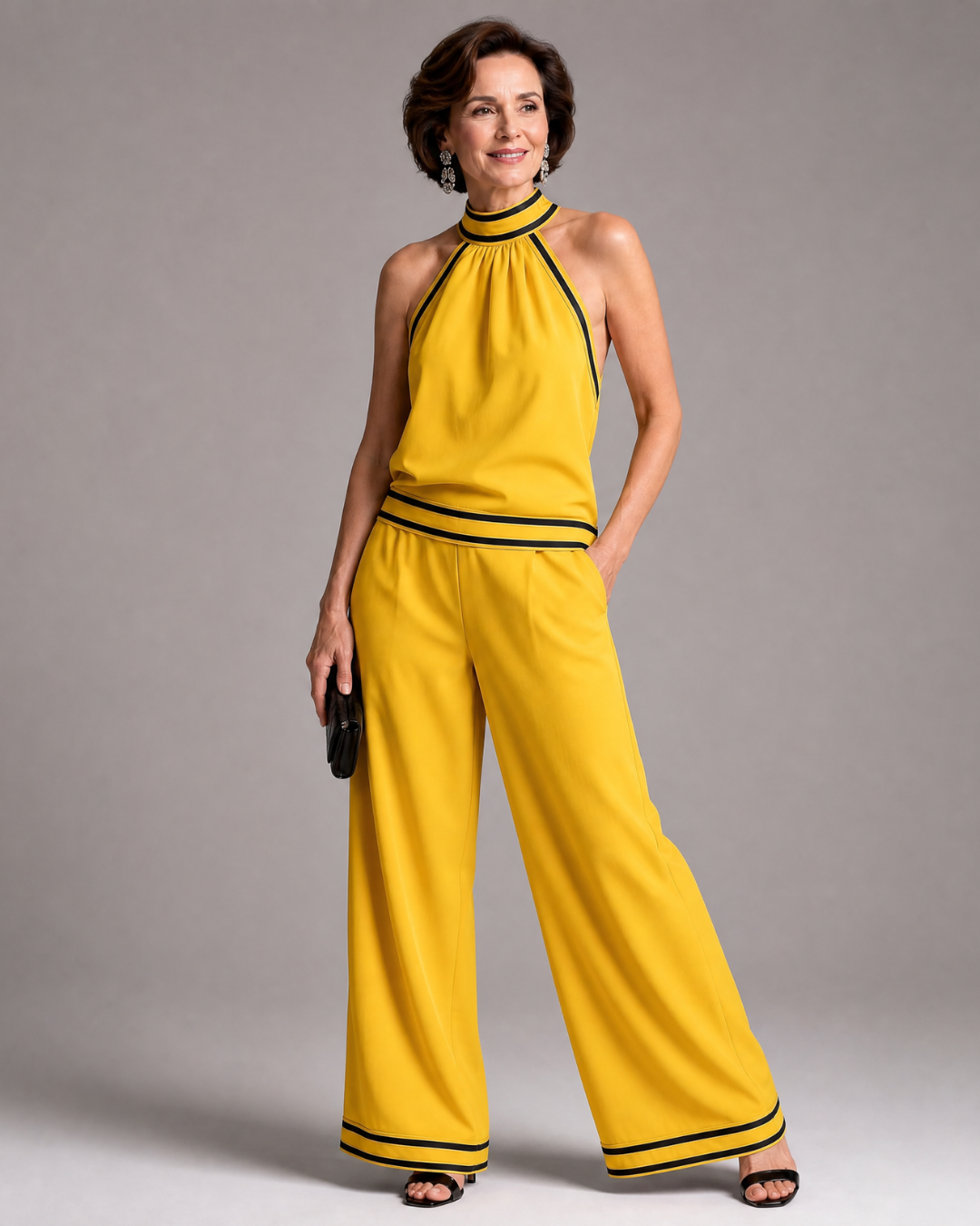 Women's Contrast Trim Halter Neck Wide Leg Jumpsuit - Warm Weather