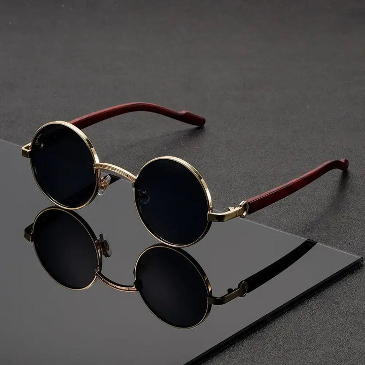 Men's Round Sunglasses - Metal Frame UV400 Wood-Grain