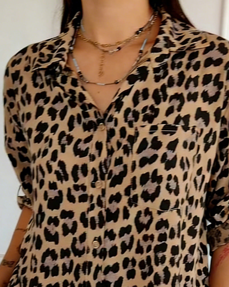 Women's Cotton Blend Leopard Print V-Neck Blouse - Chic Daily Wear
