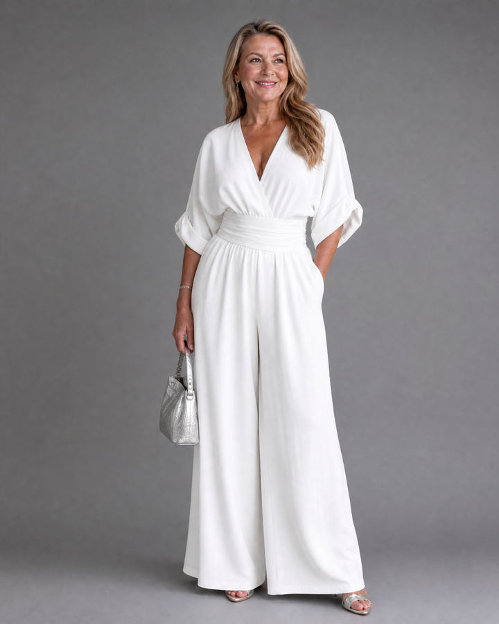 Women's Draped V Neck Wide Leg Relaxed Jumpsuit - Effortless Everyday