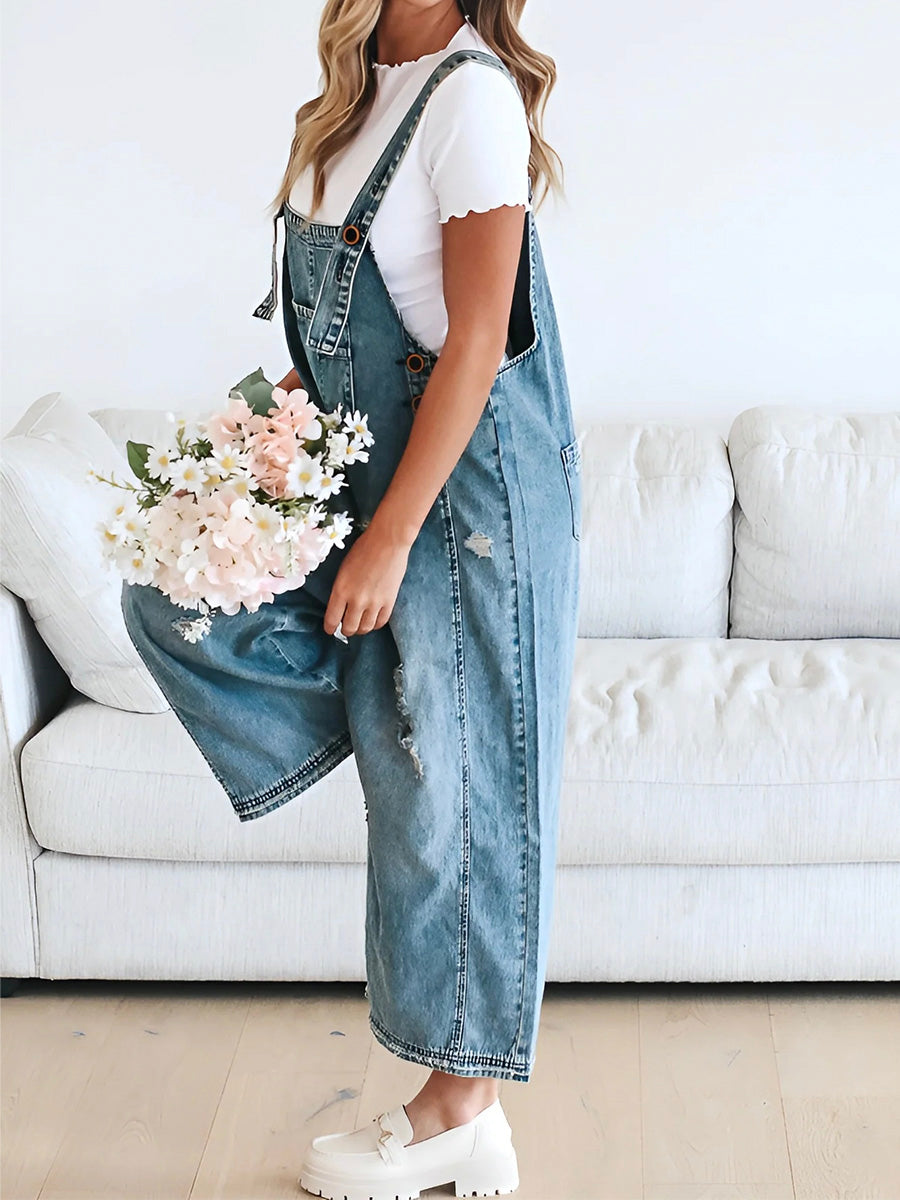 Women's Loose Fit Distressed Denim Overalls - Effortlessly Cool