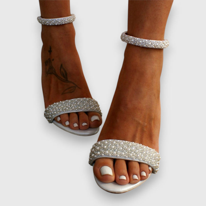 Women's Elegant Shine Block Heels - Pearl Embellished Party