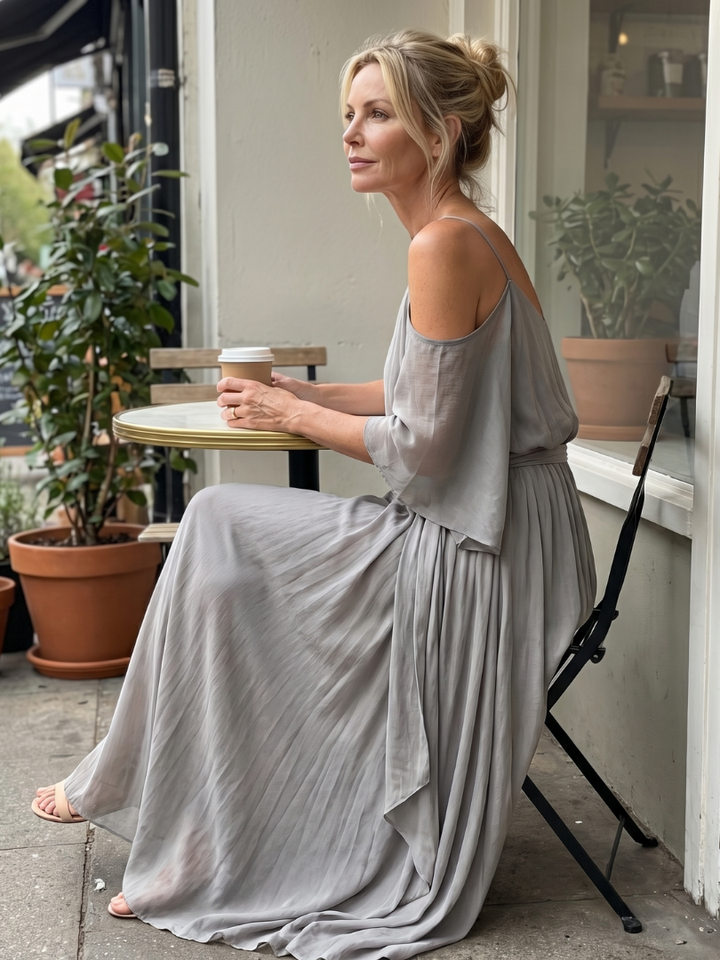 Women's Layered Cold Shoulder Top & Wide Leg Pant Set - Fluid Style
