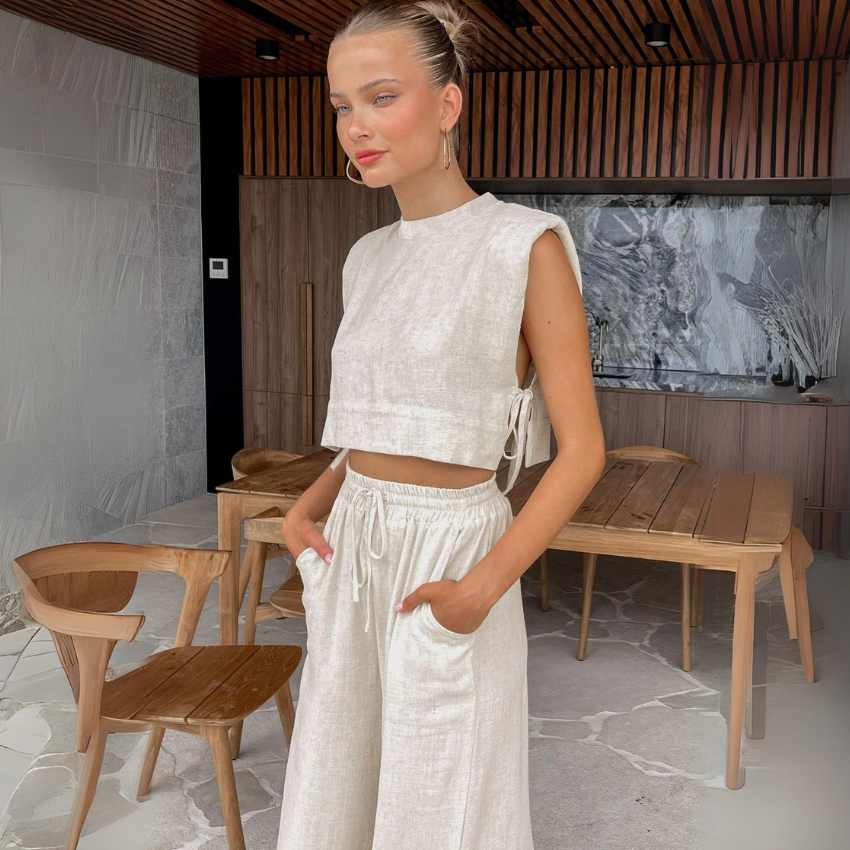 Women's Linen Twin Set – Cropped Top & Wide-Leg Trousers