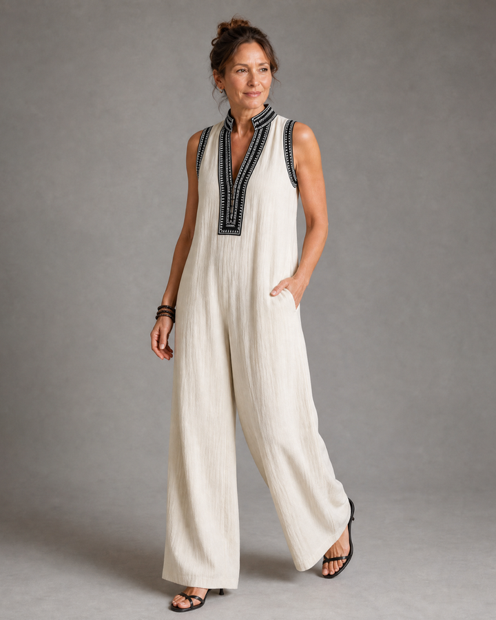 Women's Embroidered V-Neck Sleeveless Wide Leg Jumpsuit