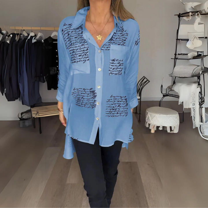 Women's Handwritten Print Button-Up Shirt - Artistic Everyday Style