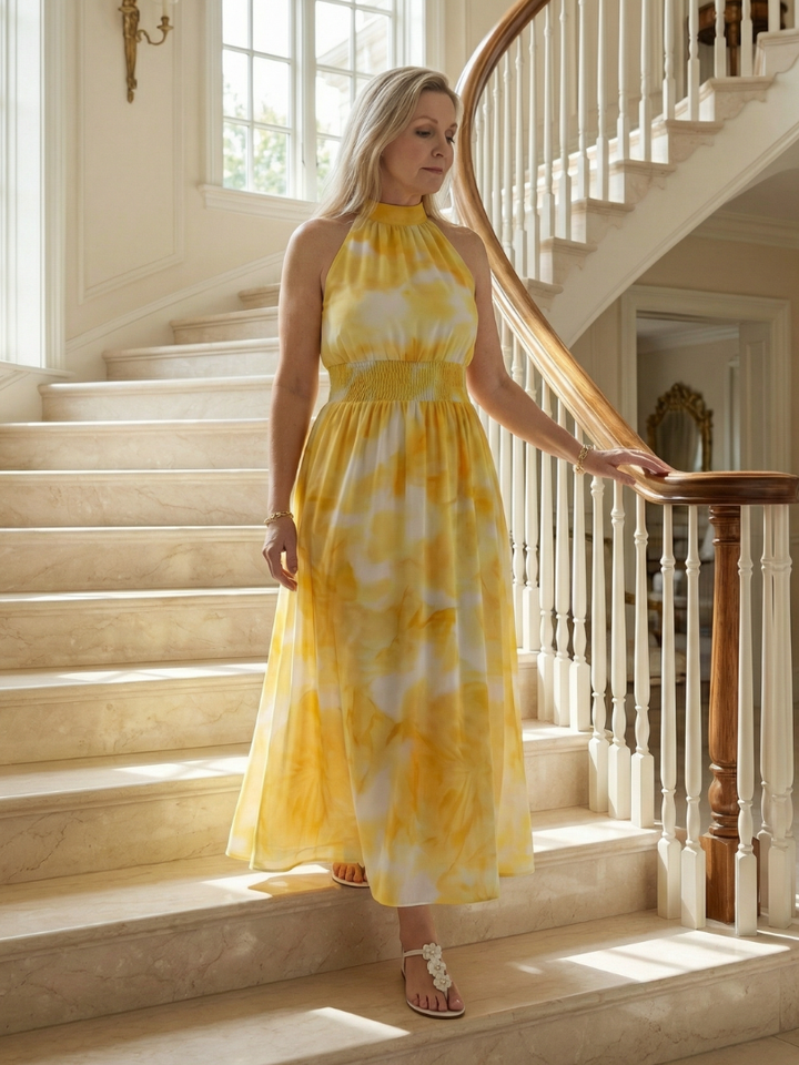 Women's Gathered Halter Midi Dress - Effortless Everyday