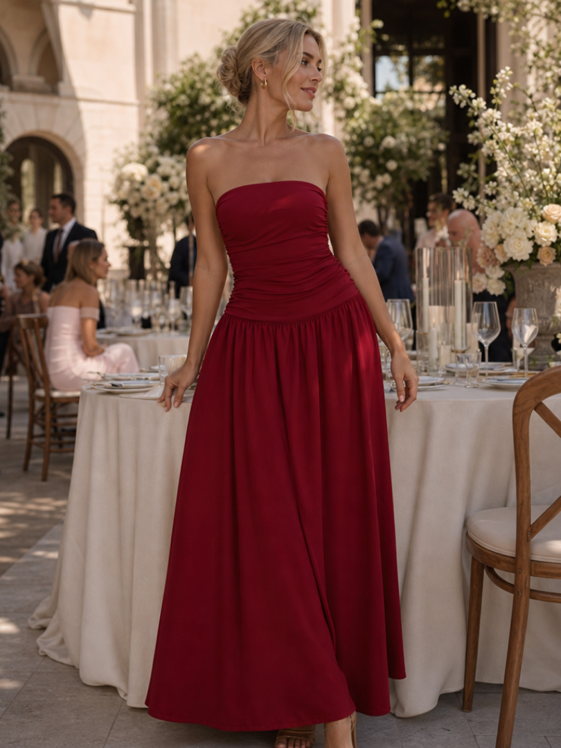 Women's Strapless Ruched Bodice Midi Dress - Effortless Elegance