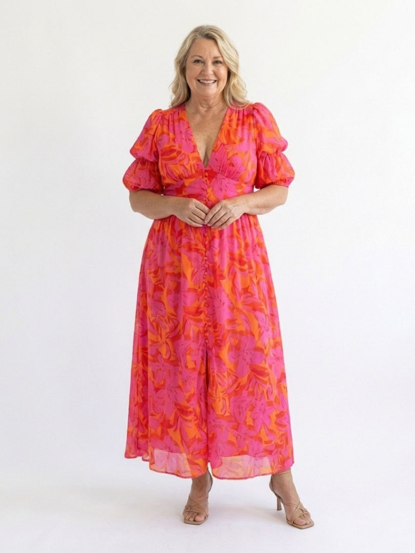 Women's Floral V-Neck Puff Sleeve Midi Dress - Warm Weather Essential