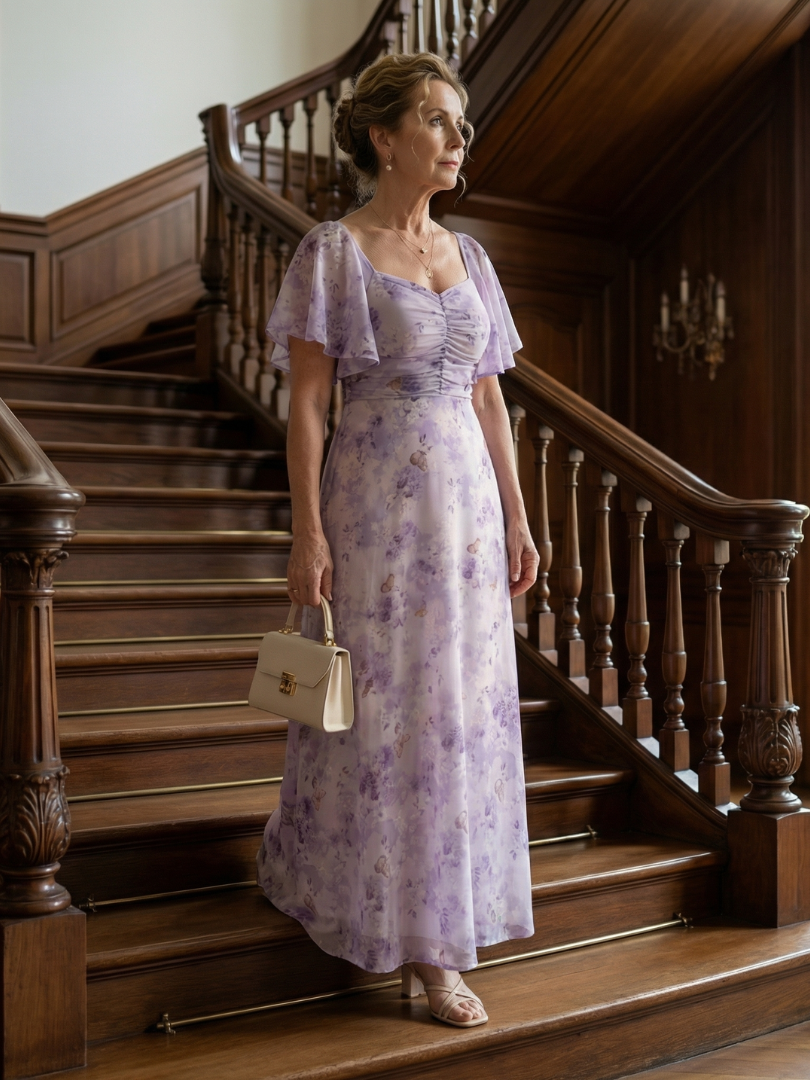 Women's Floral Flutter Sleeve Midi Dress - Effortless Everyday Style