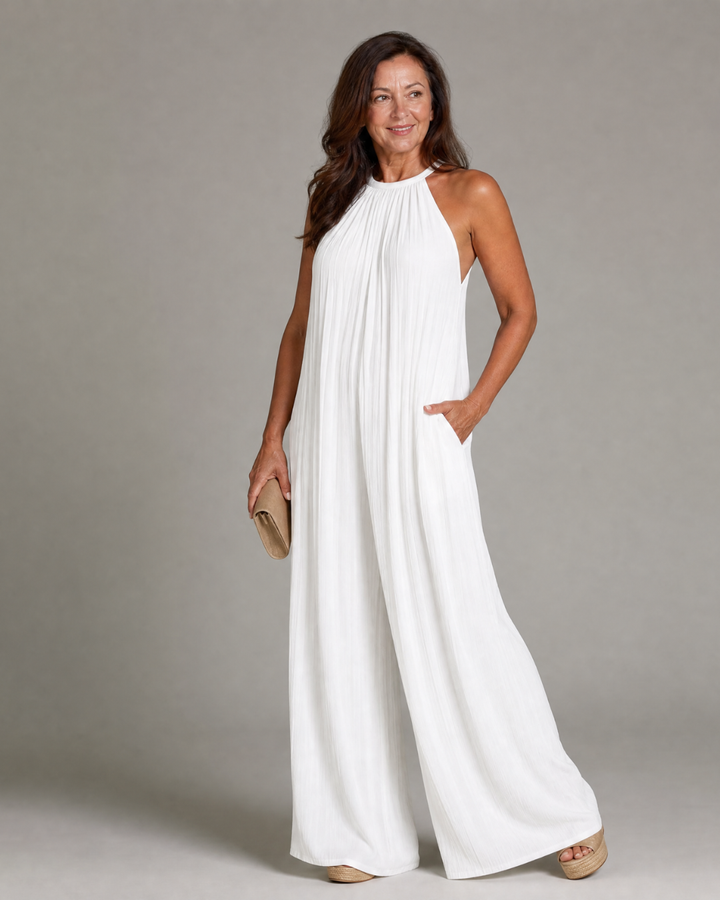 Women's Pleated Halter Neck Wide Leg Jumpsuit - Warm Weather Ease