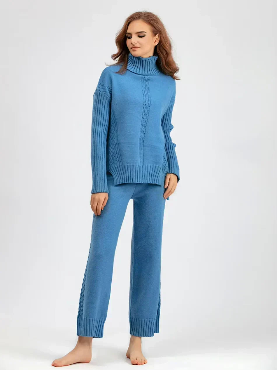Women's Turtleneck Knit Sweater and Loose Pants Set - Cozy Casual