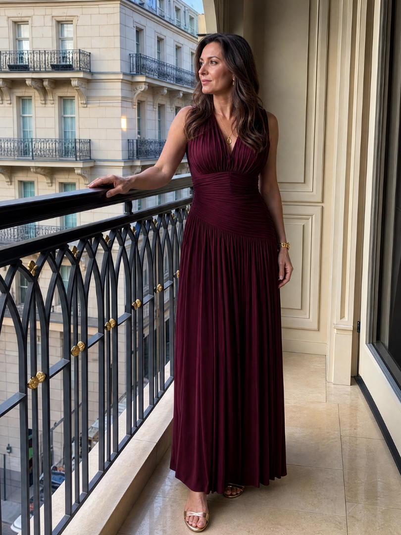 Women's Sleeveless Pleated V Neck Midi Dress - Perfect for
