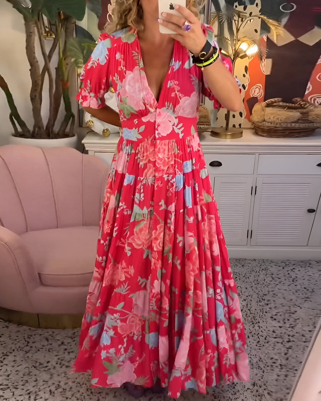 Women's Floral V-Neck Dress with Pockets - Summer Elegance