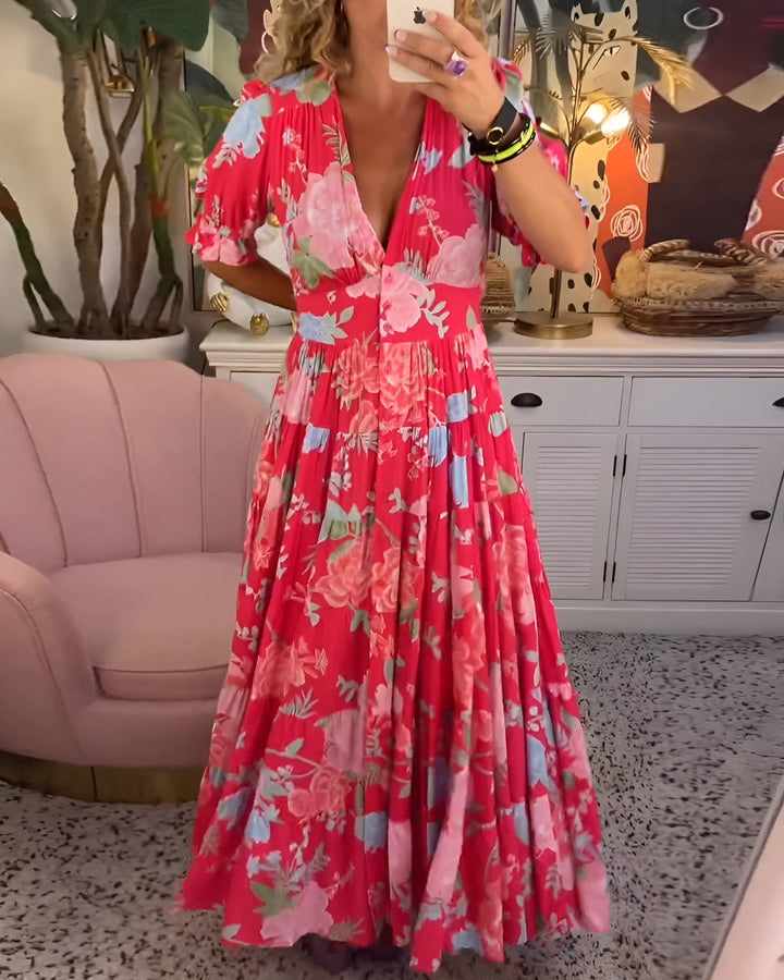 Women's Floral V-Neck Dress with Pockets - Summer Elegance