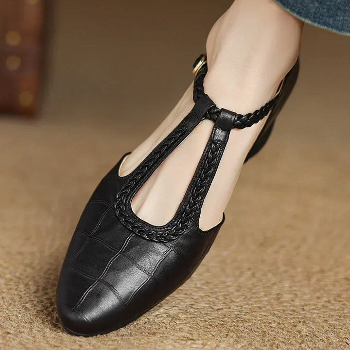 Women's Leather Braided T-Strap Sandals - Elegant Everyday Style
