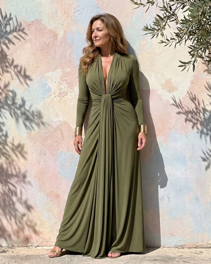 Women's Draped Deep V Neck Long Sleeve Maxi Dress - Evening Formal