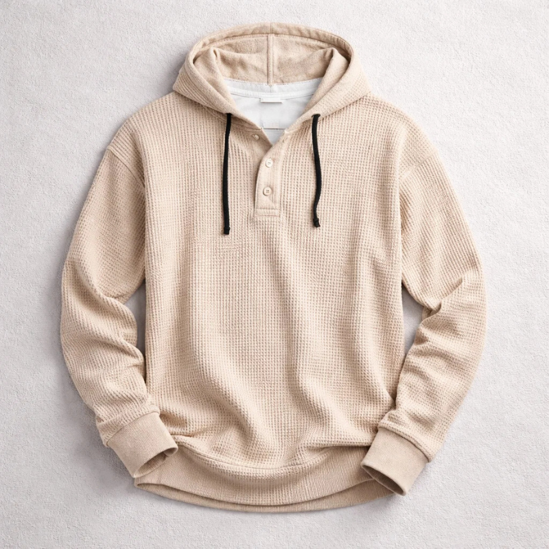 Men's Waffle-Knit Henley Hoodie – Textured Cotton Hooded Top