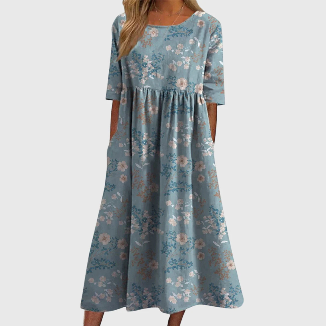 Women's Embroidered Midi Dress - Flowing Silhouette for Everyday