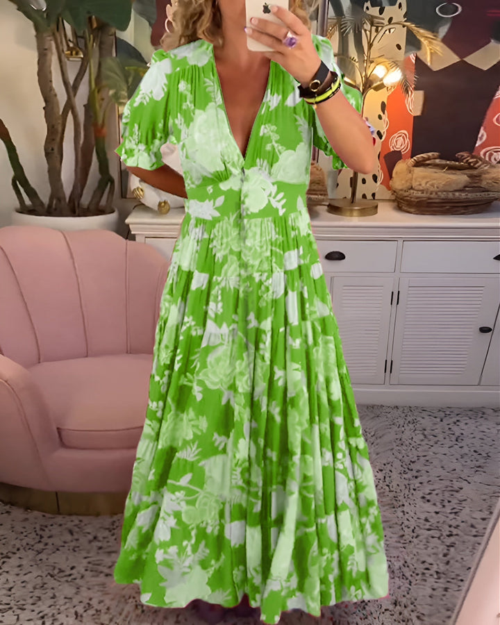 Women's Floral V-Neck Dress with Pockets - Summer Elegance