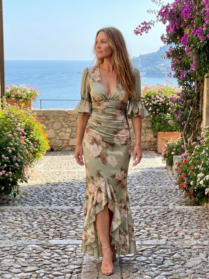 Women's Short Sleeve V Neck Ruched Waist Midi Dress