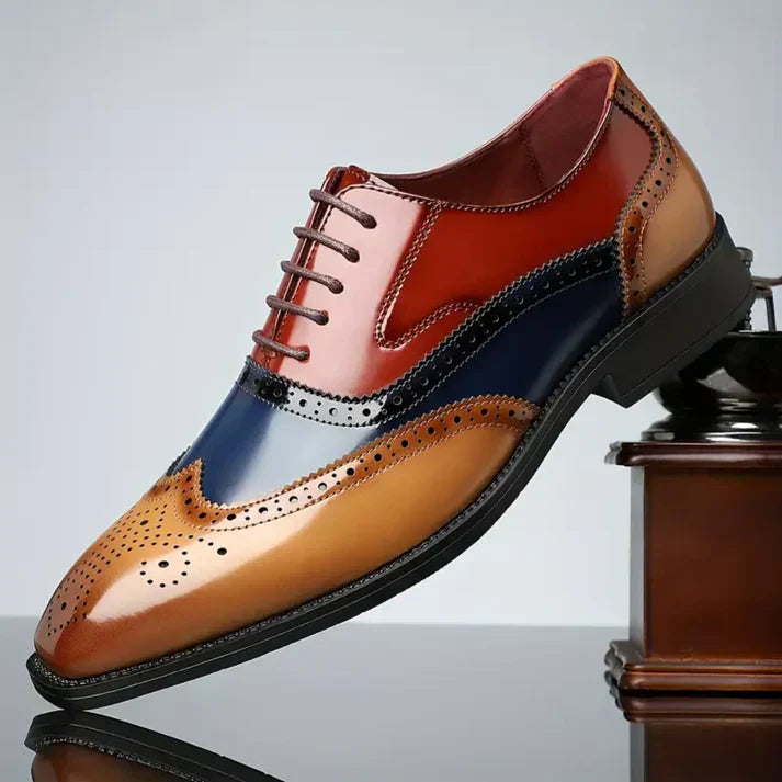 Men's Tricolor Leather Wingtip Dress Shoes - Classic Brogue Detailing