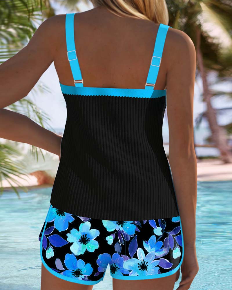 Women's Ribbed & Floral Tankini Shorts Set - Effortless Beach Style