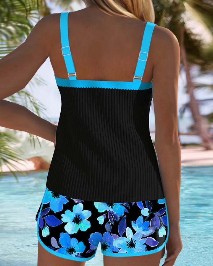 Women's Ribbed & Floral Tankini Shorts Set - Effortless Beach Style