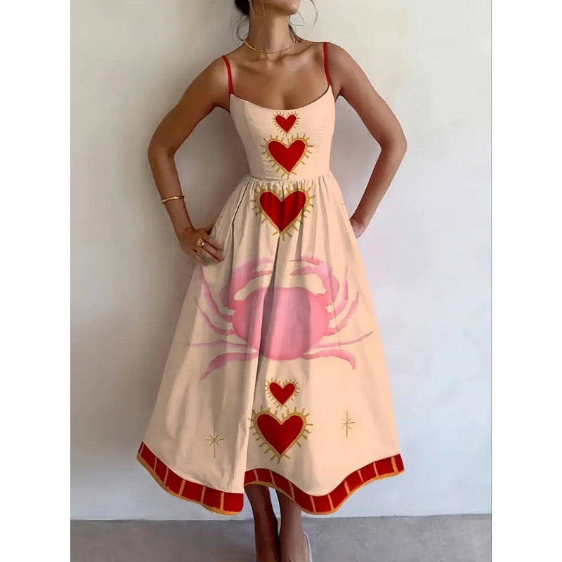 Women's Printed Heart Tide Midi Dress - Romantic & Playful