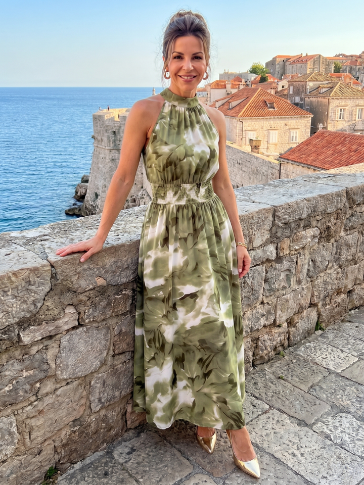 Women's Abstract Print Gathered Waist Midi Dress - Effortless Summer