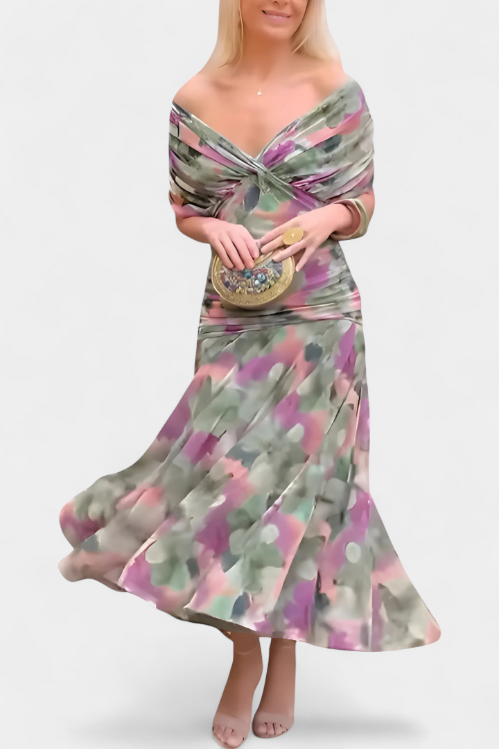Women's Fantasy Floral Print V-Neck Dress - Elegant & Flowing