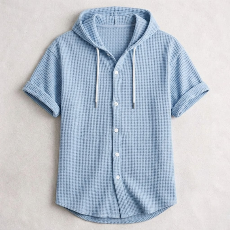 Men's Cotton Waffle Hooded Shirt – Relaxed Long-Sleeve Overshirt