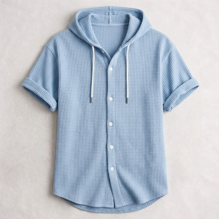 Men's Cotton Waffle Hooded Shirt – Relaxed Long-Sleeve Overshirt
