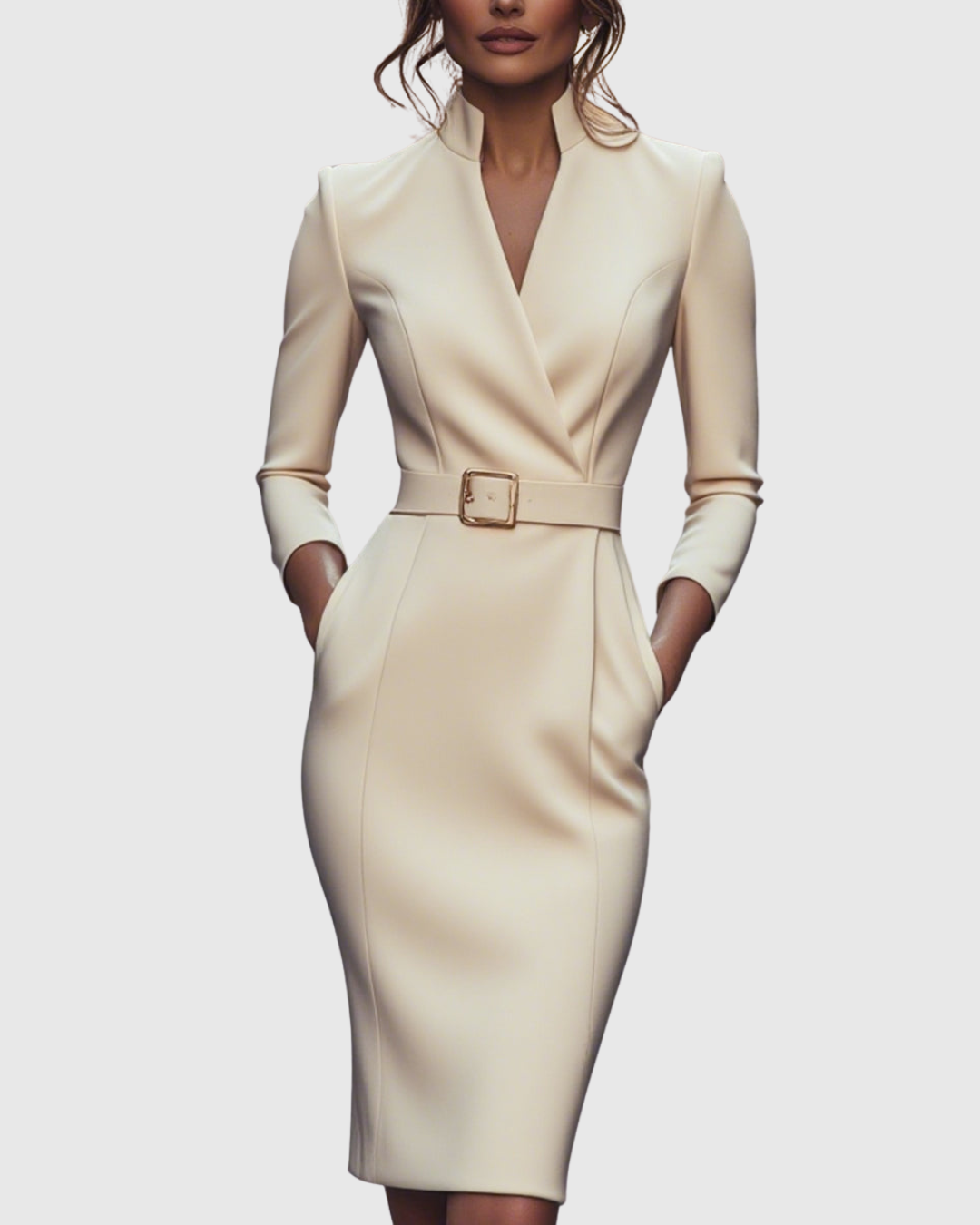 Women's Polyester Midi Dress - Mock Wrap & Belted Fit
