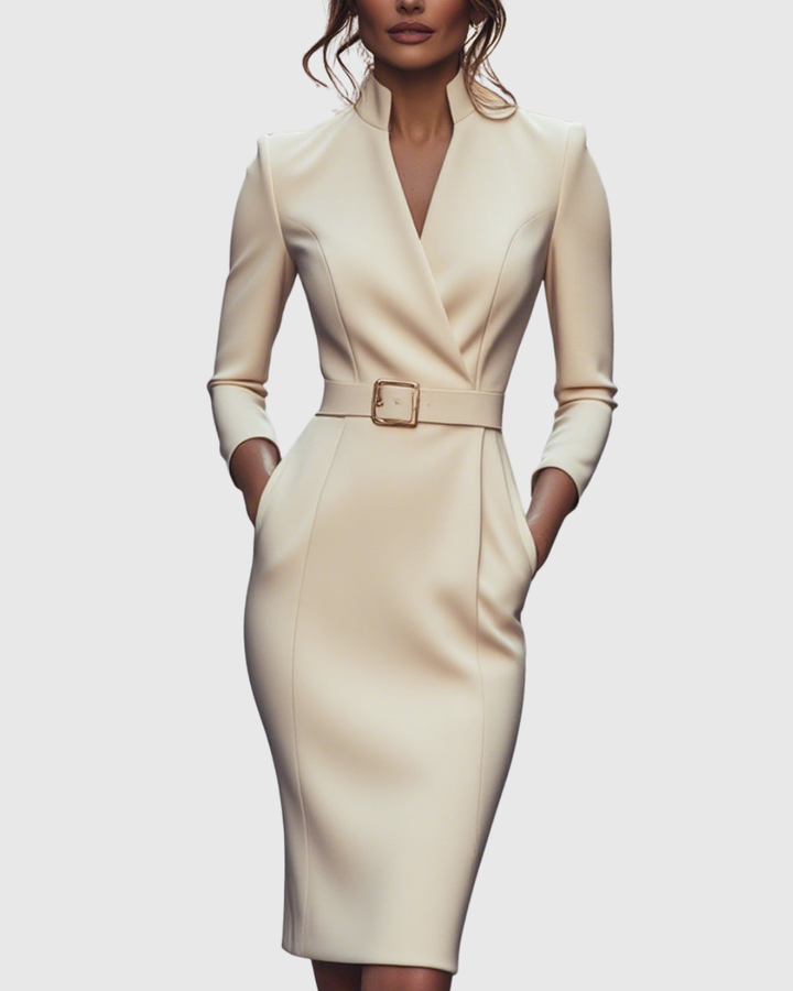 Women's Polyester Midi Dress - Mock Wrap & Belted Fit
