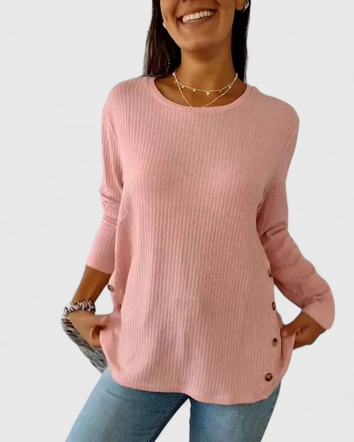 Women's Ribbed Button Side Relaxed Top - Effortless Everyday Layer