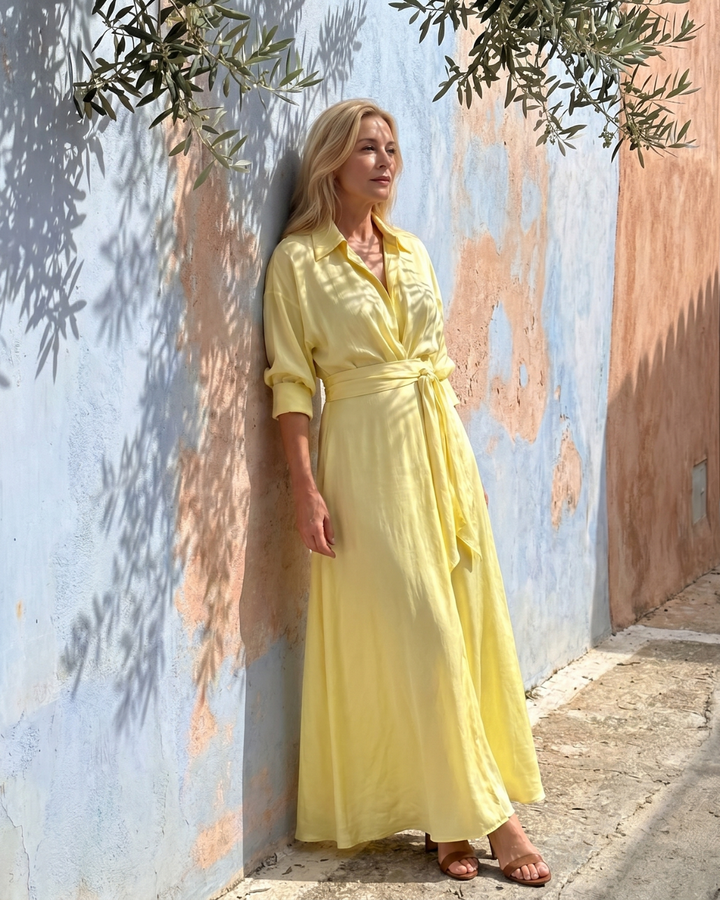 Women's Belted Collared Flowing Midi Dress - Everyday Elegance