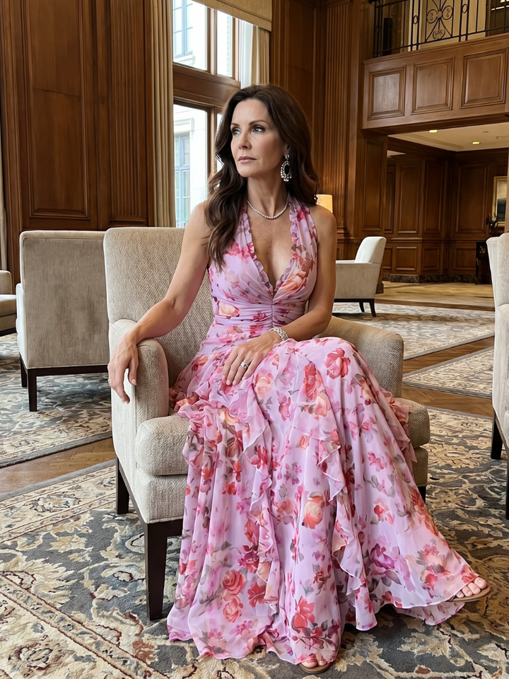 Women's Floral Halter Neck Ruched Bodice Maxi Dress