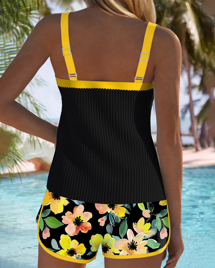 Women's Ribbed & Floral Tankini Shorts Set - Effortless Beach Style