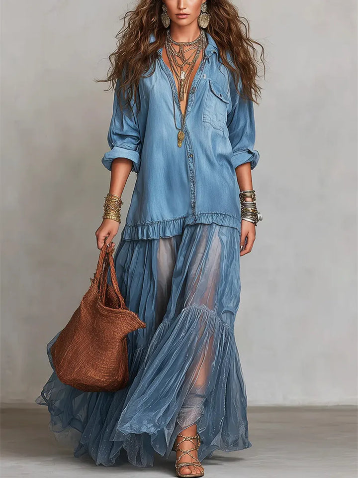 Women's Denim & Organza Patchwork Maxi Dress - Artistic Contrast