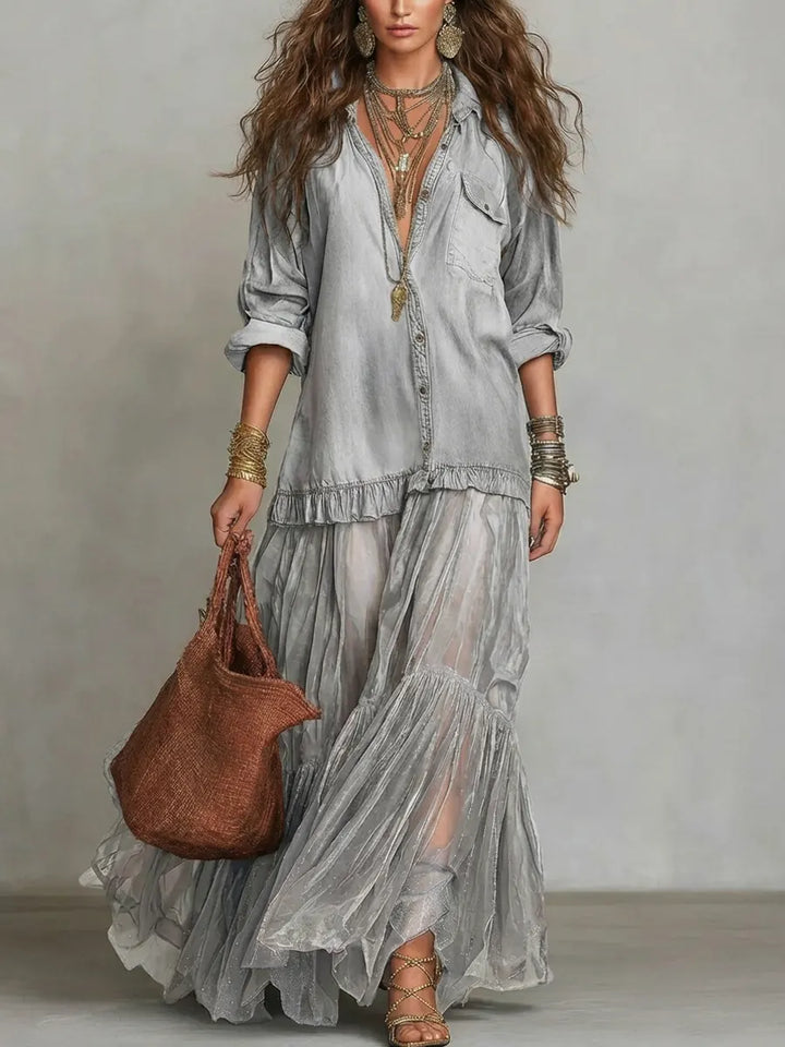 Women's Denim & Organza Patchwork Maxi Dress - Artistic Everyday