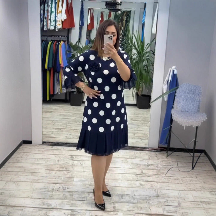 Women's Polka Dot Pleated Knee-Length Dress - Graceful Everyday Look