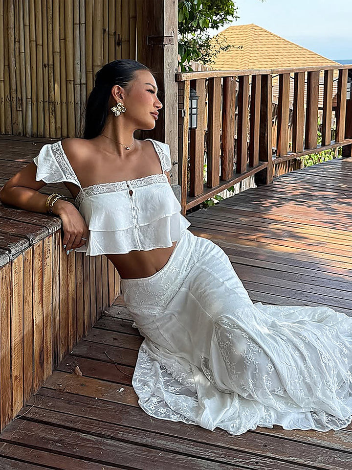 French Chic Lace Ruffle Crop Top + Midi Skirt Set