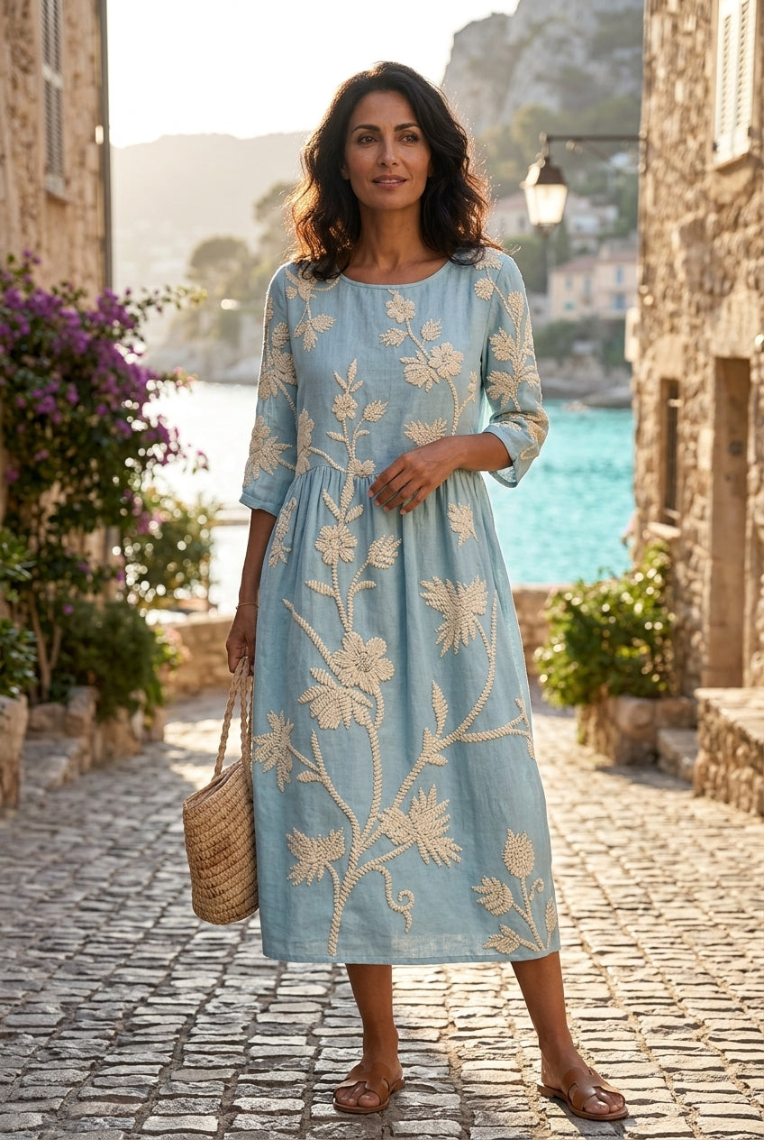 Women's Floral Embroidered Linen Midi Dress - Elegant Summer