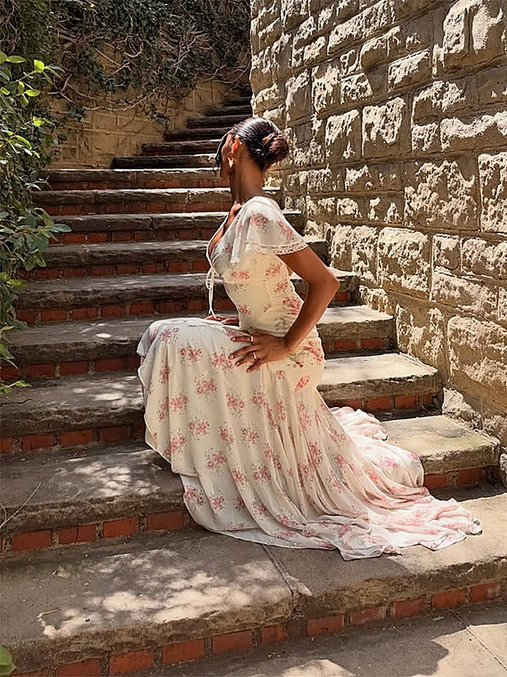 Vintage Socialite V-Neck Cinched-Waist Printed Maxi Dress