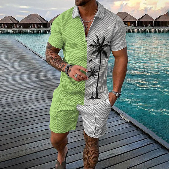 Women's Coconut Tree Print Polo & Shorts Set - Vintage