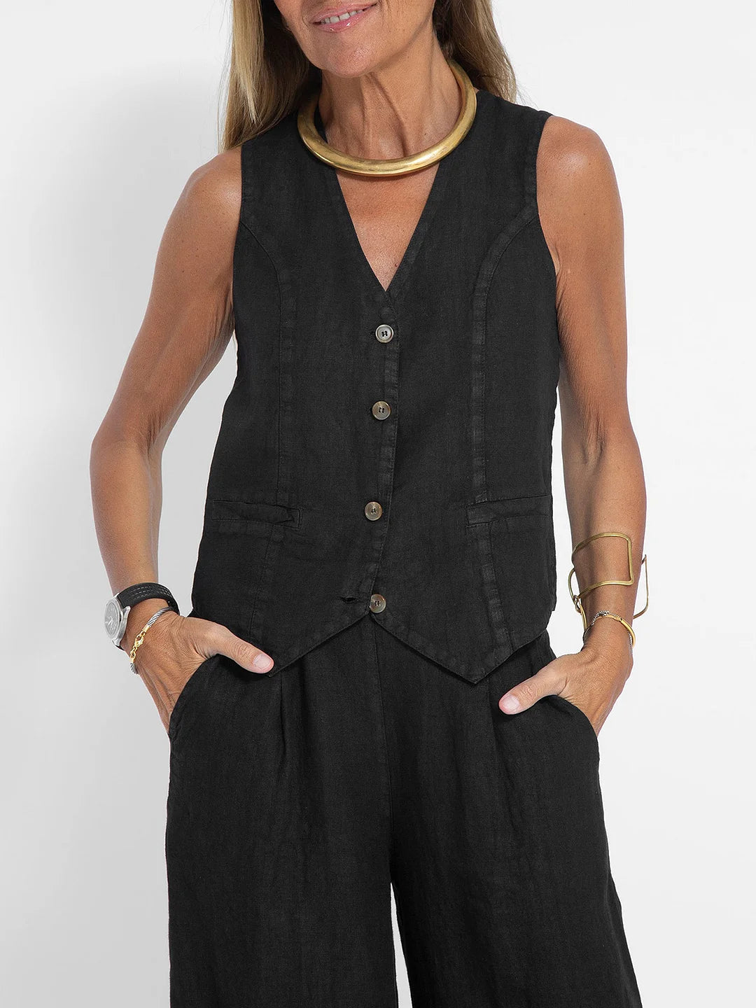 Women's Aira Buttoned Vest and Wide-Leg Trousers Set