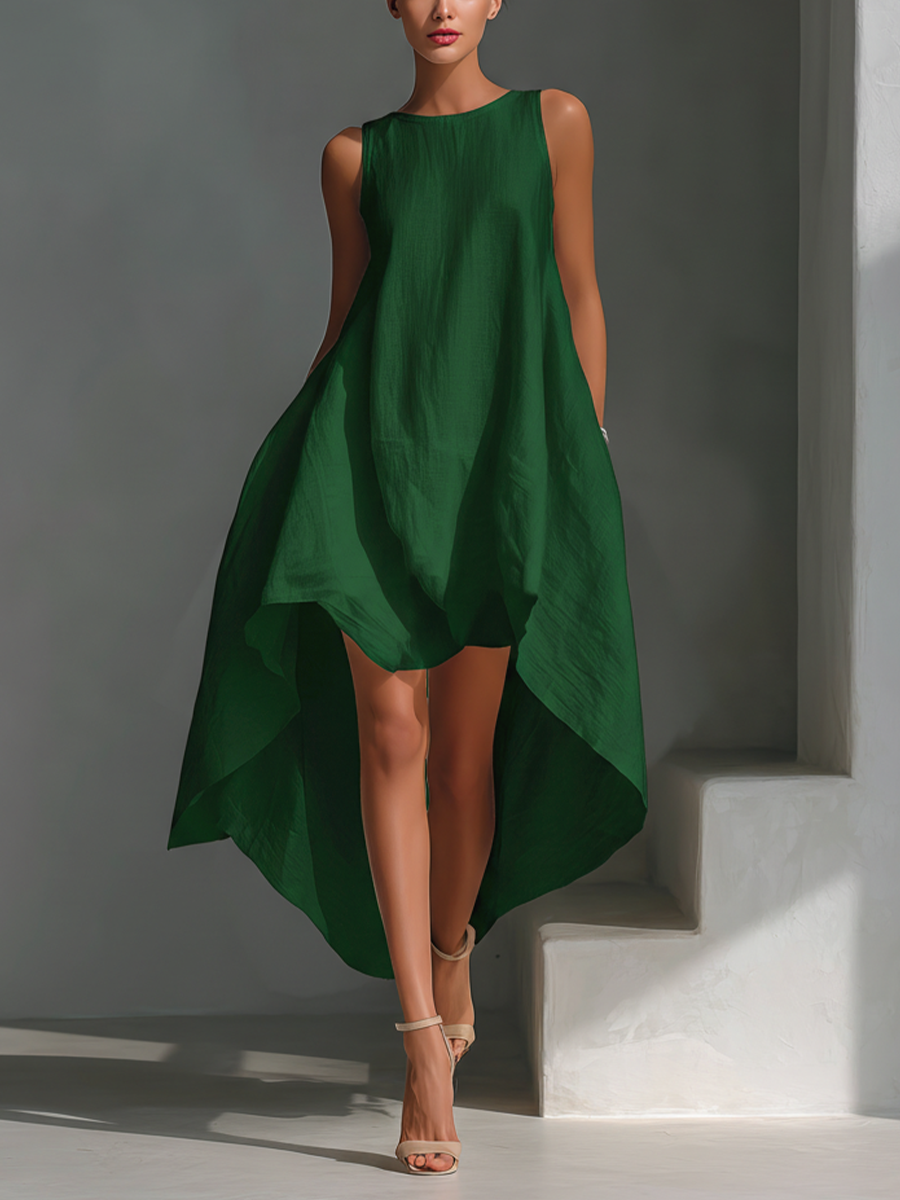 Women's Linen Sleeveless Midi Dress - Asymmetrical Hem, Breezy Style