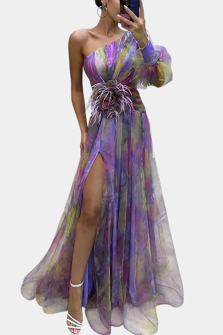 Women's Printed One-Shoulder Maxi Dress - Perfect for Weddings